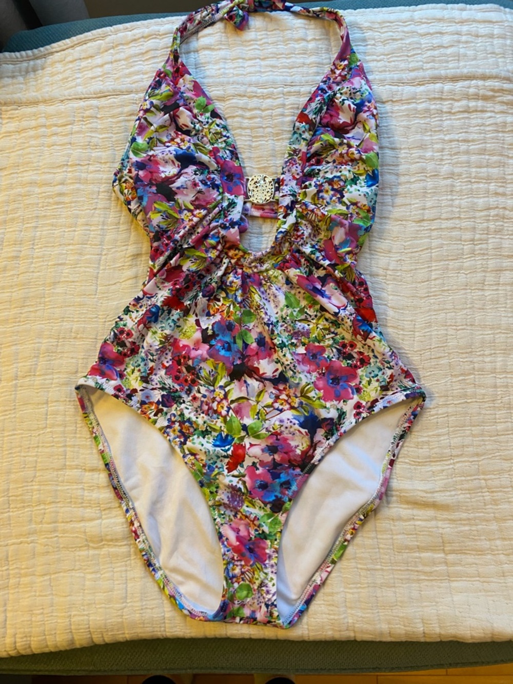 Urban Outfitters Floral Halter One-Piece Swimsuit in Pink, Green, Blue